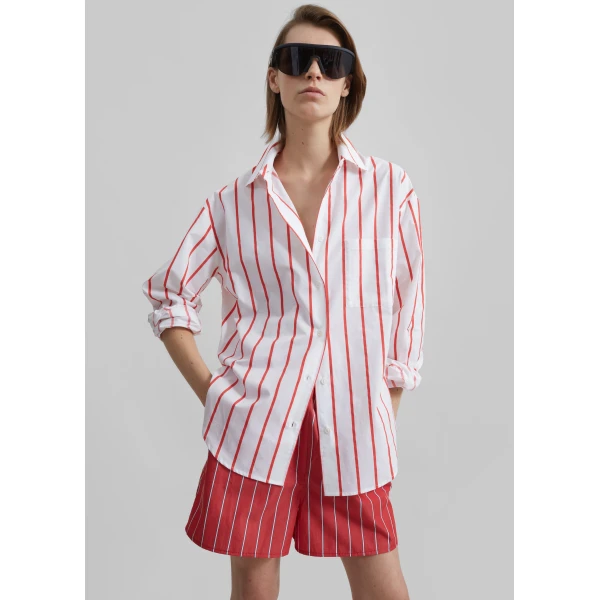 The Frankie Shop Lui Striped Cotton Boxer Shorts - Red/White Stripe - Oversized Minimalist Shorts in Multicolour - Shop at Luxury Shoes 