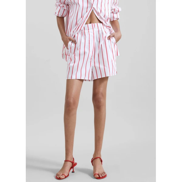 The Frankie Shop Lui Striped Cotton Boxer Shorts - White/Red Stripe - Oversized Minimalist Shorts in Multicolour - Shop at Luxury Shoes 