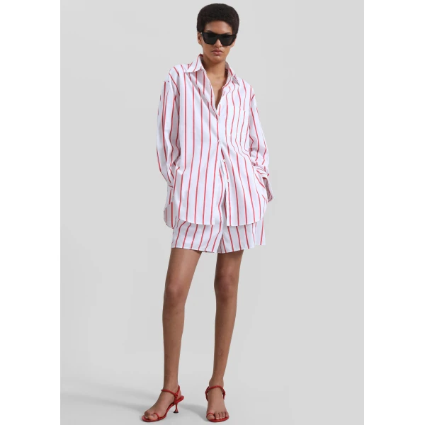The Frankie Shop Lui Striped Cotton Boxer Shorts - White/Red Stripe - Oversized Minimalist Shorts in Multicolour - Shop at Luxury Shoes 