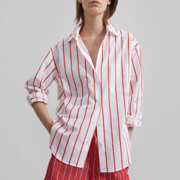The Frankie Shop Lui Striped Cotton Shirt – White/Red Stripe, view 3