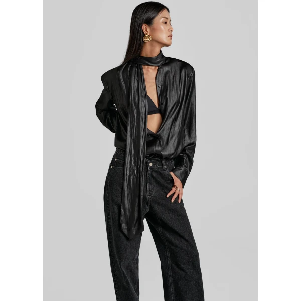 The Frankie Shop Mabillon Padded Lavalliere Blouse - Black - Oversized Minimalist Tops in Black - Shop at Luxury Shoes 
