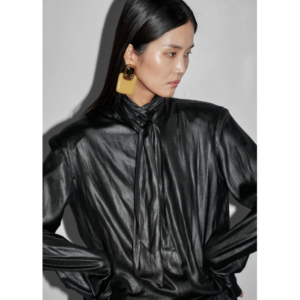 The Frankie Shop Mabillon Padded Lavalliere Blouse - Black - Oversized Minimalist Tops in Black - Shop at Luxury Shoes 
