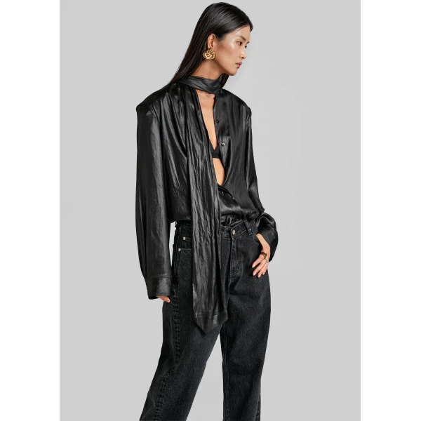 The Frankie Shop Mabillon Padded Lavalliere Blouse - Black - Oversized Minimalist Tops in Black - Shop at Luxury Shoes 