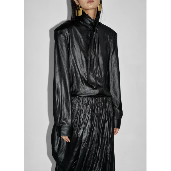 The Frankie Shop Mabillon Padded Lavalliere Blouse - Black - Oversized Minimalist Tops in Black - Shop at Luxury Shoes 