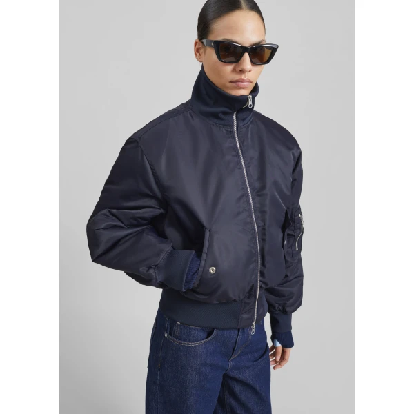 The Frankie Shop Maloy Cropped Bomber Jacket - Navy - Oversized Minimalist Jackets in Blue - Shop at Luxury Shoes 