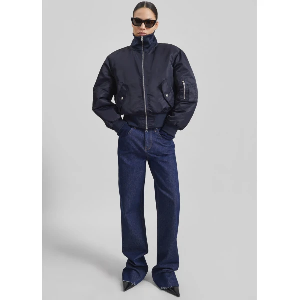 The Frankie Shop Maloy Cropped Bomber Jacket - Navy - Oversized Minimalist Jackets in Blue - Shop at Luxury Shoes 