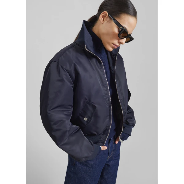 The Frankie Shop Maloy Cropped Bomber Jacket - Navy - Oversized Minimalist Jackets in Blue - Shop at Luxury Shoes 