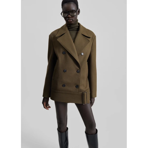 The Frankie Shop Manali Belted Peacoat - Olive Brown - Oversized Minimalist Coats in Beige - Shop at Luxury Shoes 