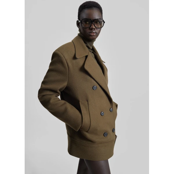 The Frankie Shop Manali Belted Peacoat - Olive Brown - Oversized Minimalist Coats in Beige - Shop at Luxury Shoes 