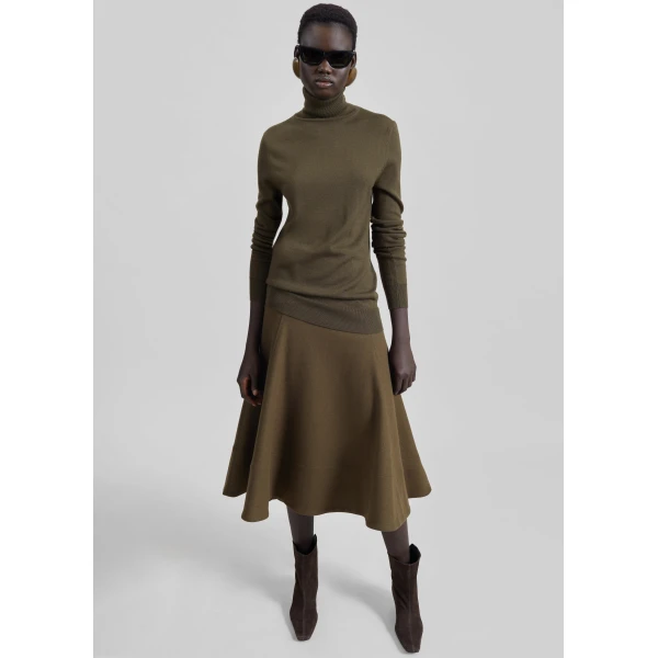 The Frankie Shop Manali Flared Midi Skirt - Olive Brown - Oversized Minimalist Skirts in Beige - Shop at Luxury Shoes 