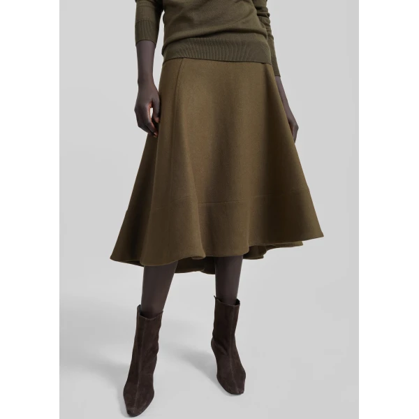 The Frankie Shop Manali Flared Midi Skirt - Olive Brown - Oversized Minimalist Skirts in Beige - Shop at Luxury Shoes 