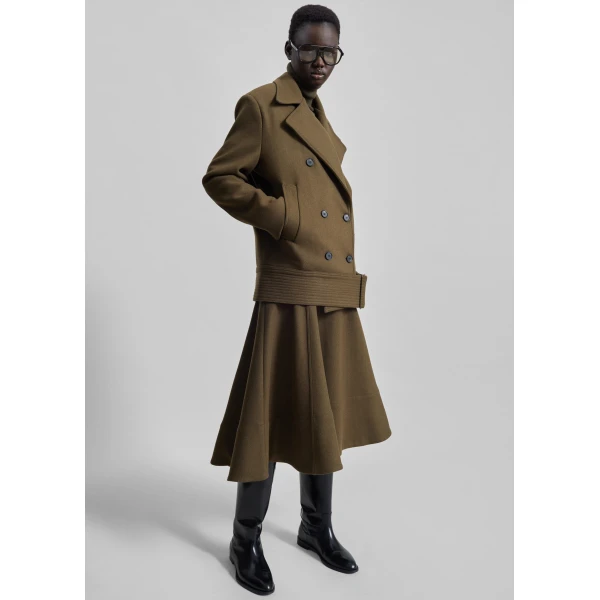 The Frankie Shop Manali Flared Midi Skirt - Olive Brown - Oversized Minimalist Skirts in Beige - Shop at Luxury Shoes 
