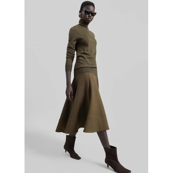 The Frankie Shop Manali Flared Midi Skirt - Olive Brown - Oversized Minimalist Skirts in Beige - Shop at Luxury Shoes 