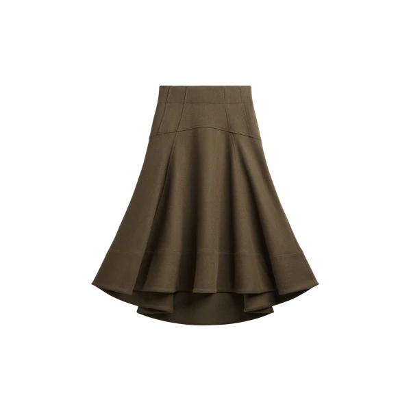 The Frankie Shop Manali Flared Midi Skirt - Olive Brown - Oversized Minimalist Skirts in Beige - Shop at Luxury Shoes 