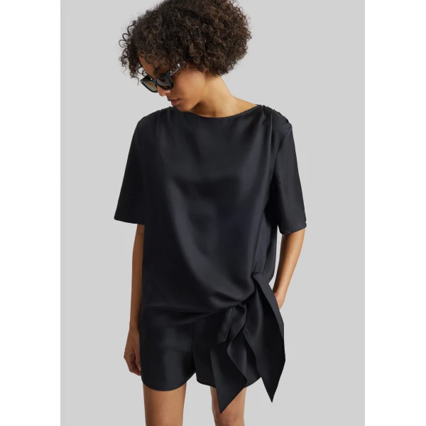 The Frankie Shop Mano Asymmetric Silk Top - Black - Oversized Minimalist Tops in Black - Shop at Luxury Shoes 