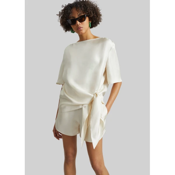 The Frankie Shop Mano Asymmetric Silk Top - Ivory - Oversized Minimalist Tops in Ivory - Shop at Luxury Shoes 