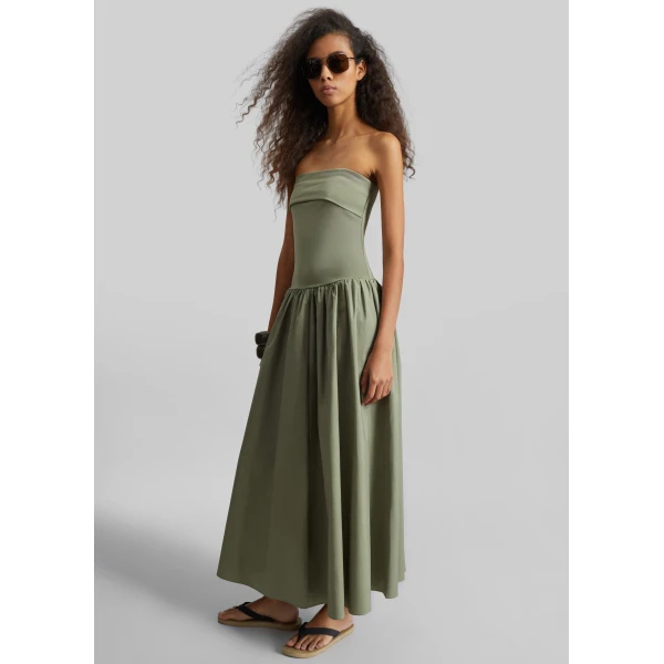 The Frankie Shop Marc Cotton Maxi Dress - Deep Lichen Green - Oversized Minimalist Dresses in Green - Shop at Luxury Shoes 
