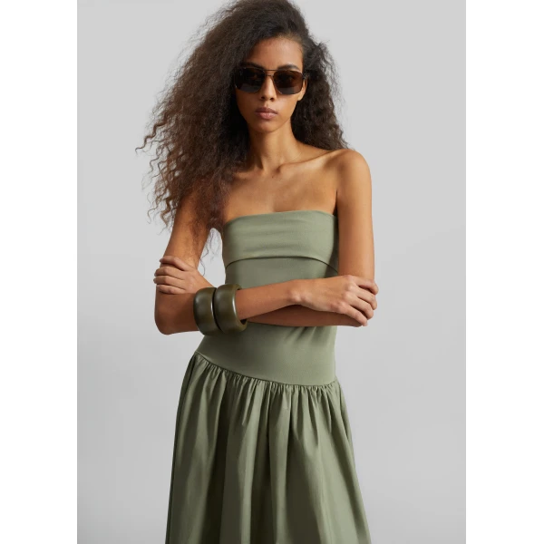 The Frankie Shop Marc Cotton Maxi Dress - Deep Lichen Green - Oversized Minimalist Dresses in Green - Shop at Luxury Shoes 