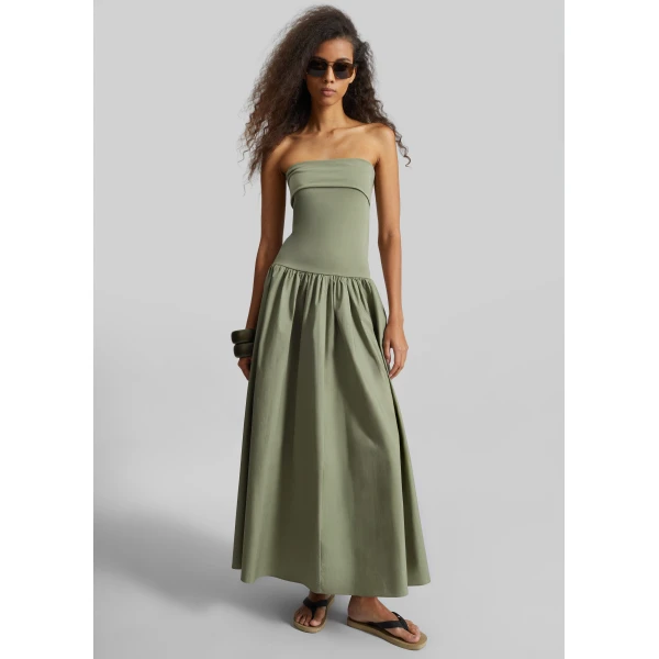 The Frankie Shop Marc Cotton Maxi Dress - Deep Lichen Green - Oversized Minimalist Dresses in Green - Shop at Luxury Shoes 