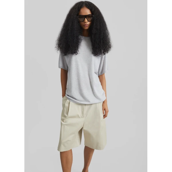 The Frankie Shop Marfa Cotton Pleated Bermuda - Light Beige - Oversized Minimalist Shorts in Beige - Shop at Luxury Shoes 