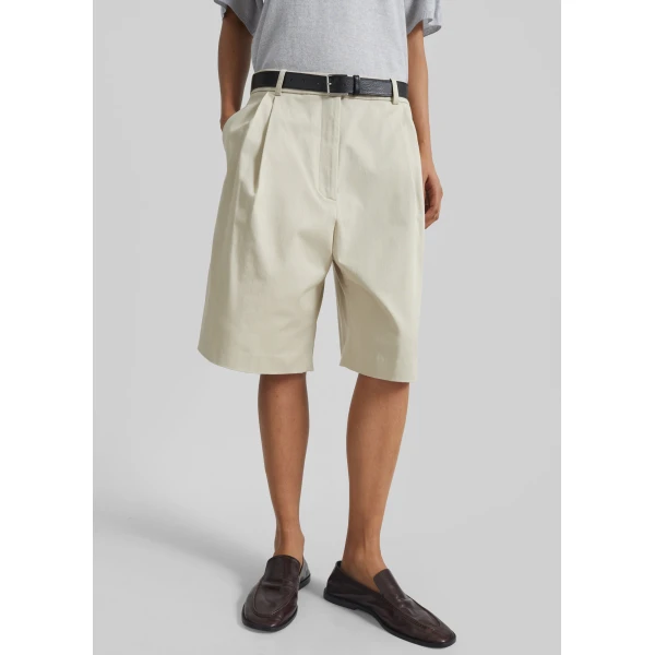 The Frankie Shop Marfa Cotton Pleated Bermuda - Light Beige - Oversized Minimalist Shorts in Beige - Shop at Luxury Shoes 