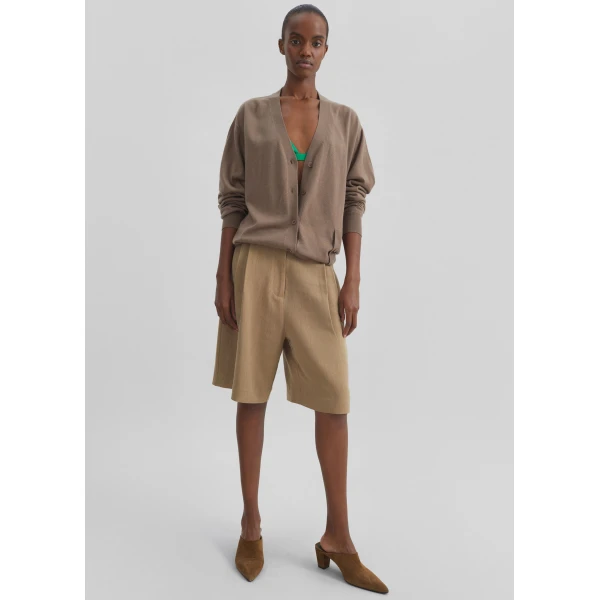 The Frankie Shop Marfa Linen Bermuda Shorts - Camel - Oversized Minimalist Shorts in Beige - Shop at Luxury Shoes 