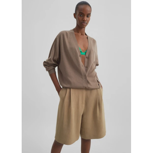 The Frankie Shop Marfa Linen Bermuda Shorts - Camel - Oversized Minimalist Shorts in Beige - Shop at Luxury Shoes 