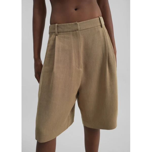 The Frankie Shop Marfa Linen Bermuda Shorts - Camel - Oversized Minimalist Shorts in Beige - Shop at Luxury Shoes 