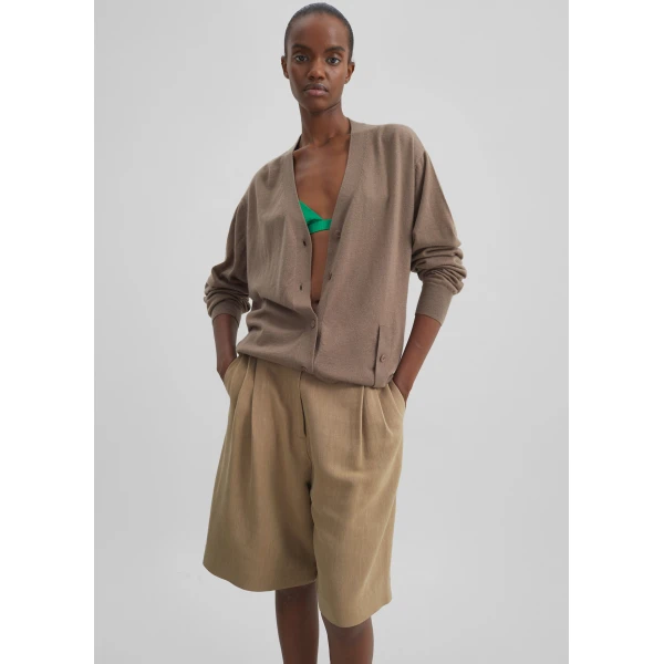 The Frankie Shop Marfa Linen Bermuda Shorts - Camel - Oversized Minimalist Shorts in Beige - Shop at Luxury Shoes 
