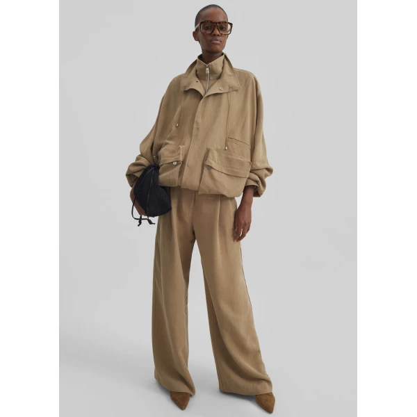 The Frankie Shop Marfa Linen Pleated Trousers - Camel - Oversized Minimalist Pants in Beige - Shop at Luxury Shoes 