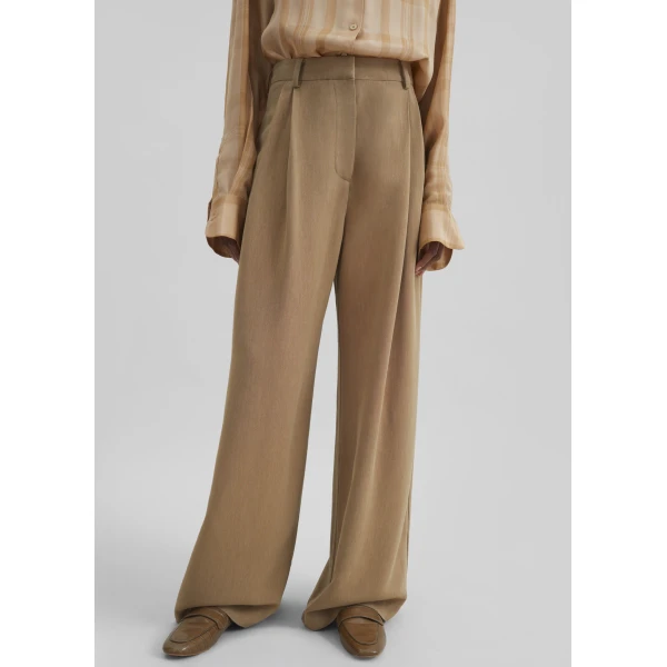 The Frankie Shop Marfa Linen Pleated Trousers - Camel - Oversized Minimalist Pants in Beige - Shop at Luxury Shoes 