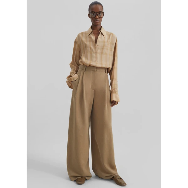 The Frankie Shop Marfa Linen Pleated Trousers - Camel - Oversized Minimalist Pants in Beige - Shop at Luxury Shoes 