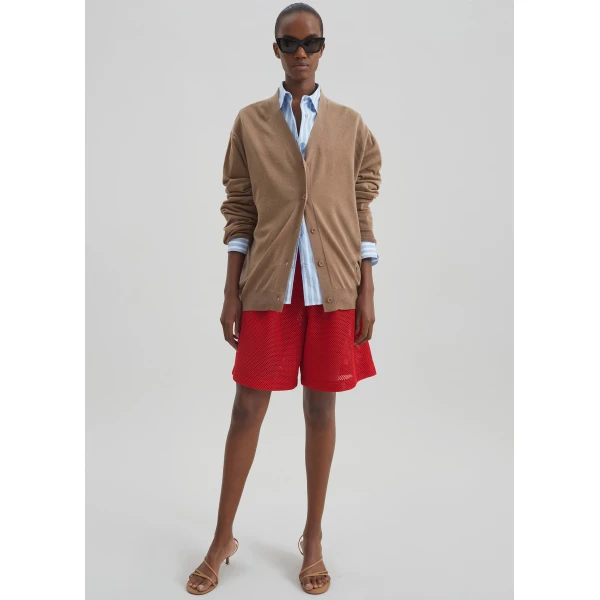 The Frankie Shop Marfa Mesh Pleated Bermuda Shorts - Red - Oversized Minimalist Shorts in Red - Shop at Luxury Shoes 