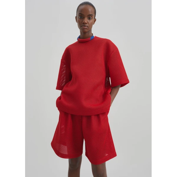 The Frankie Shop Marfa Mesh Pleated Bermuda Shorts - Red - Oversized Minimalist Shorts in Red - Shop at Luxury Shoes 