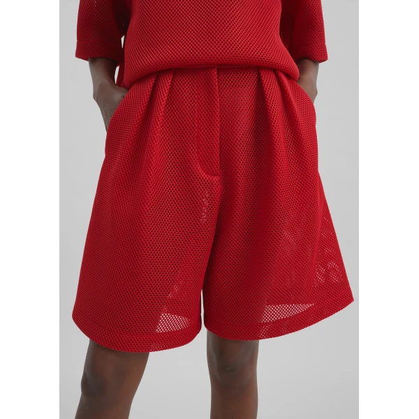 The Frankie Shop Marfa Mesh Pleated Bermuda Shorts - Red - Oversized Minimalist Shorts in Red - Shop at Luxury Shoes 