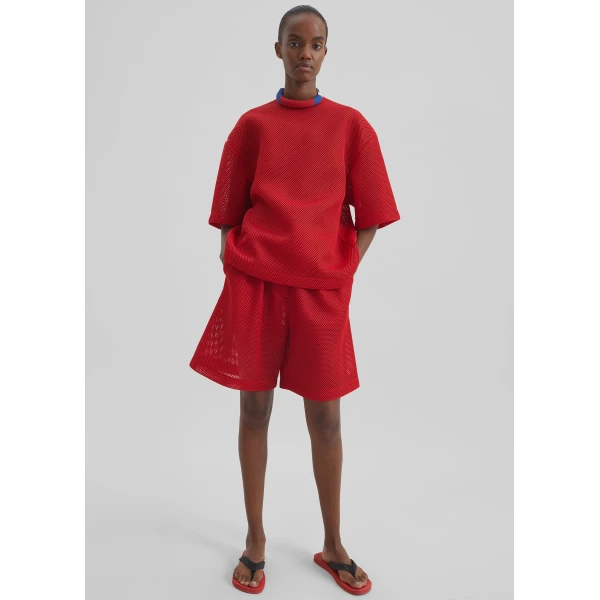 The Frankie Shop Marfa Mesh Pleated Bermuda Shorts - Red - Oversized Minimalist Shorts in Red - Shop at Luxury Shoes 