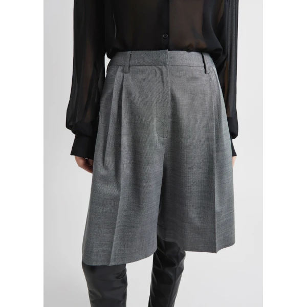 The Frankie Shop Marfa Pleated Bermuda Shorts - Grey Melange - Oversized Minimalist Shorts in Grey - Shop at Luxury Shoes 