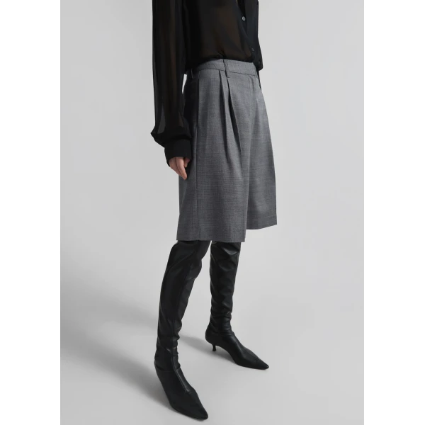 The Frankie Shop Marfa Pleated Bermuda Shorts - Grey Melange - Oversized Minimalist Shorts in Grey - Shop at Luxury Shoes 