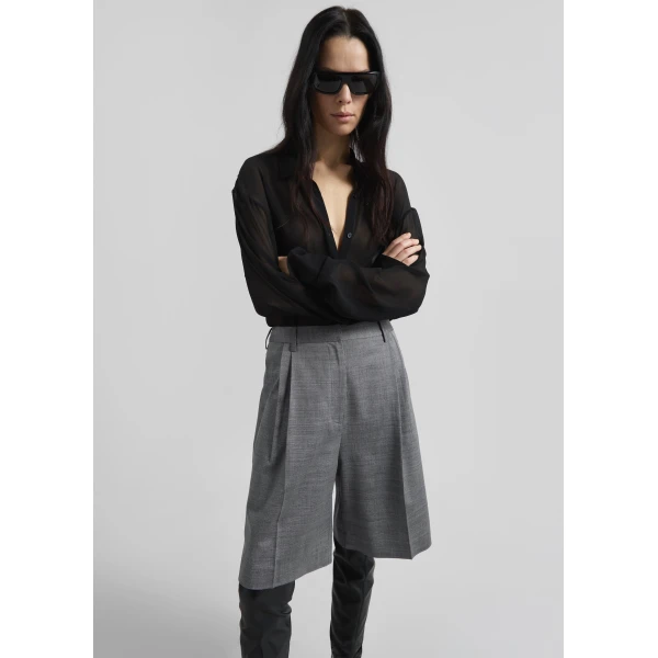 The Frankie Shop Marfa Pleated Bermuda Shorts - Grey Melange - Oversized Minimalist Shorts in Grey - Shop at Luxury Shoes 