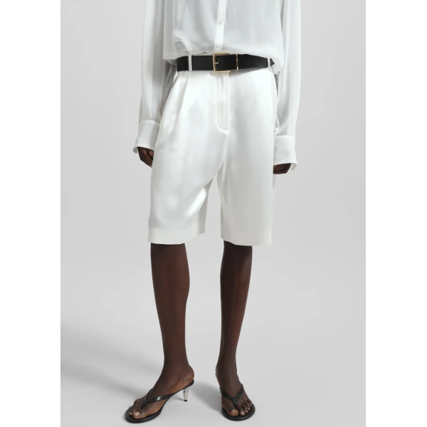 The Frankie Shop Marfa Pleated Satin Bermuda Shorts - White - Oversized Minimalist Shorts in White - Shop at Luxury Shoes 