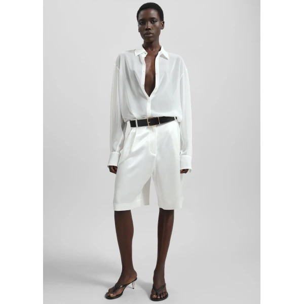 The Frankie Shop Marfa Pleated Satin Bermuda Shorts - White - Oversized Minimalist Shorts in White - Shop at Luxury Shoes 