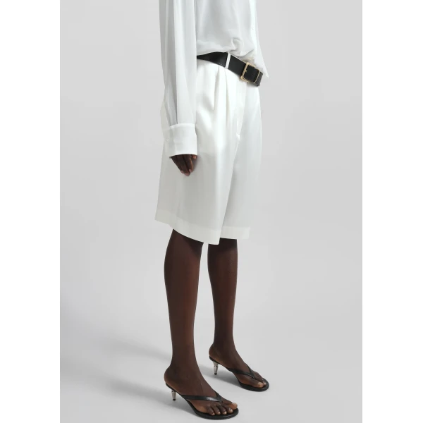 The Frankie Shop Marfa Pleated Satin Bermuda Shorts - White - Oversized Minimalist Shorts in White - Shop at Luxury Shoes 