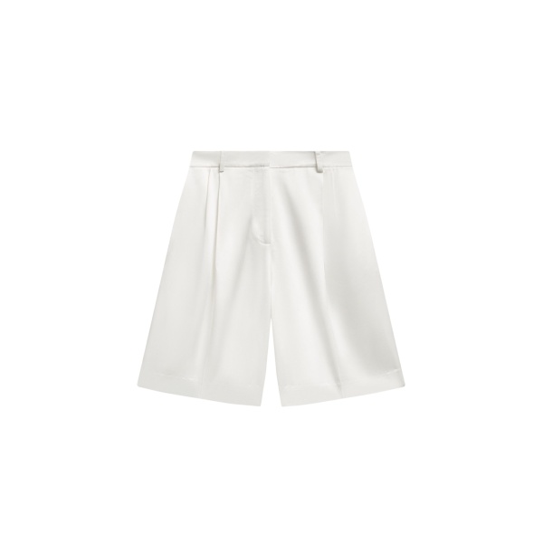 The Frankie Shop Marfa Pleated Satin Bermuda Shorts - White - Oversized Minimalist Shorts in White - Shop at Luxury Shoes 