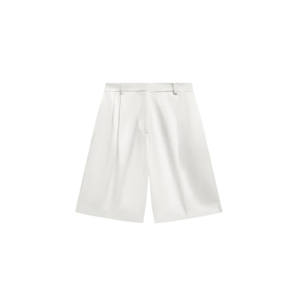 The Frankie Shop Marfa Pleated Satin Bermuda Shorts - White - Oversized Minimalist Shorts in White - Shop at Luxury Shoes 