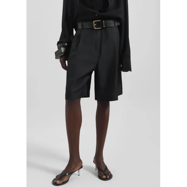 The Frankie Shop Marfa Pleated Silk Bermuda Shorts - Black - Oversized Minimalist Shorts in Black - Shop at Luxury Shoes 