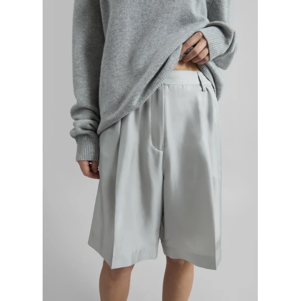 The Frankie Shop Marfa Pleated Silk Bermuda Shorts - Grey - Oversized Minimalist Shorts in Grey - Shop at Luxury Shoes 