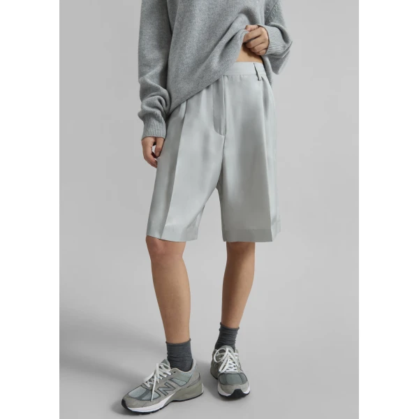 The Frankie Shop Marfa Pleated Silk Bermuda Shorts - Grey - Oversized Minimalist Shorts in Grey - Shop at Luxury Shoes 
