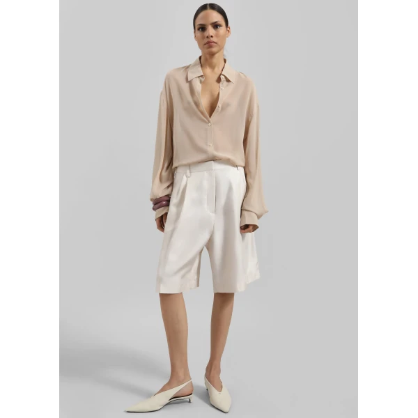 The Frankie Shop Marfa Pleated Silk Bermuda Shorts - Ivory - Oversized Minimalist Shorts in Ivory - Shop at Luxury Shoes 