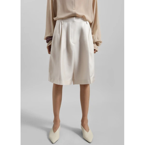 The Frankie Shop Marfa Pleated Silk Bermuda Shorts - Ivory - Oversized Minimalist Shorts in Ivory - Shop at Luxury Shoes 