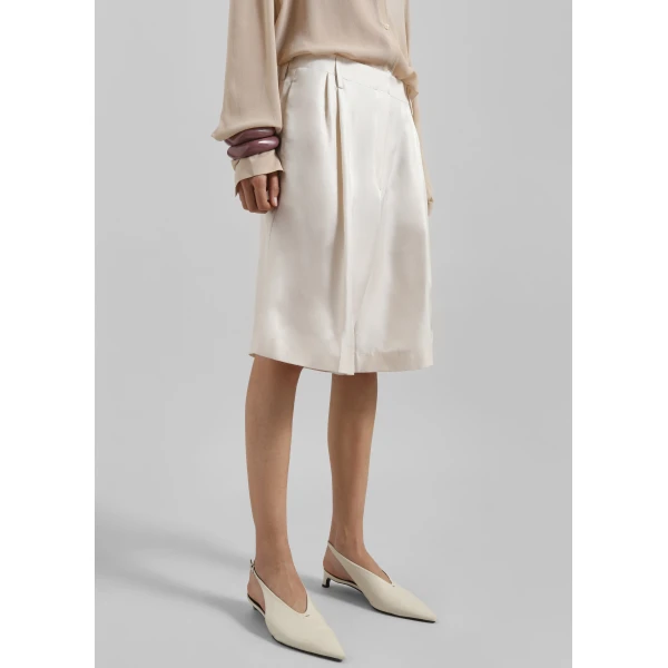 The Frankie Shop Marfa Pleated Silk Bermuda Shorts - Ivory - Oversized Minimalist Shorts in Ivory - Shop at Luxury Shoes 